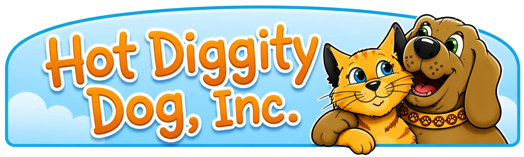Hot Diggity Dog, Inc. logo with cartoon cat and dog friends