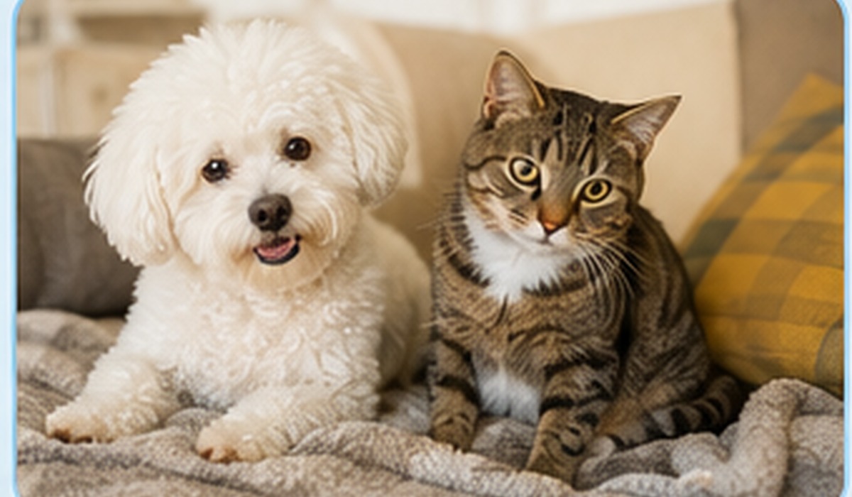 Small dog and tabby cat relaxing together on a blanket