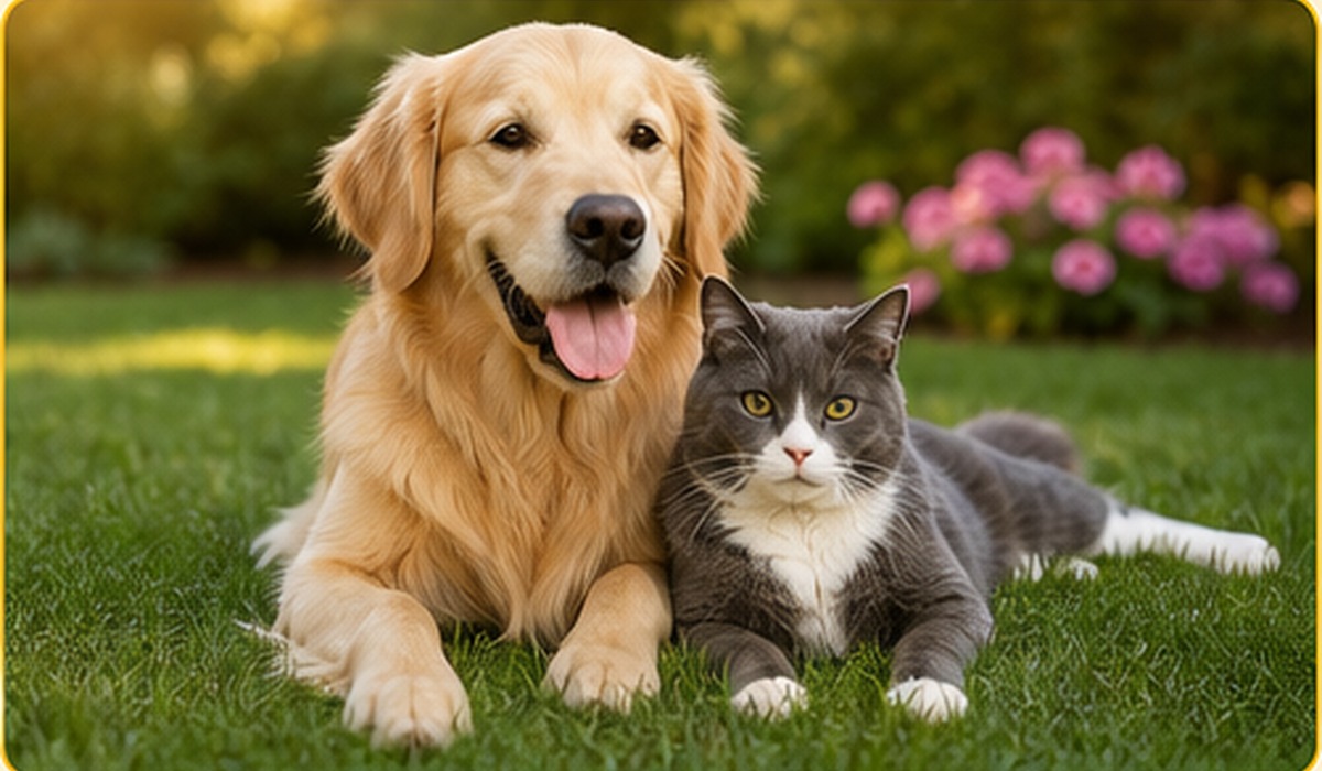 Golden retriever and cat relaxing together at home